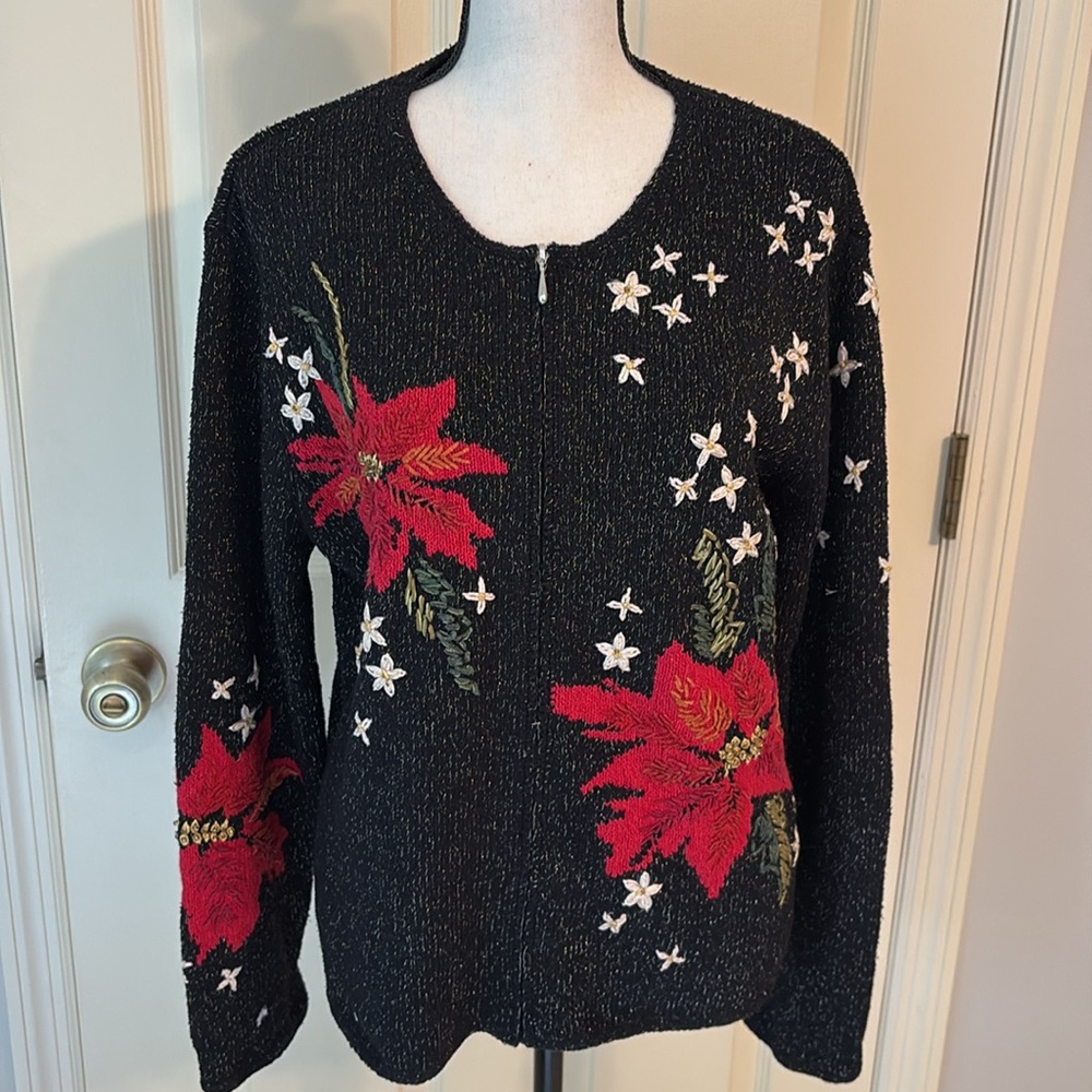 Vintage 90s Talbots Petites Holiday Poinsettias Cardigan Sweater size Large